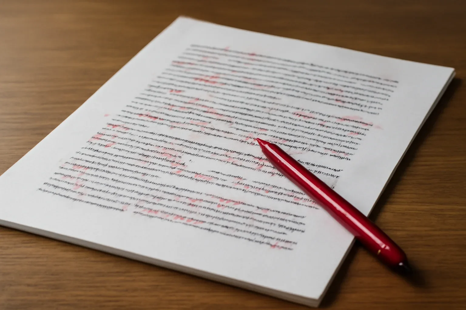 Marked-up copy with correction notes and a red pen on a desk