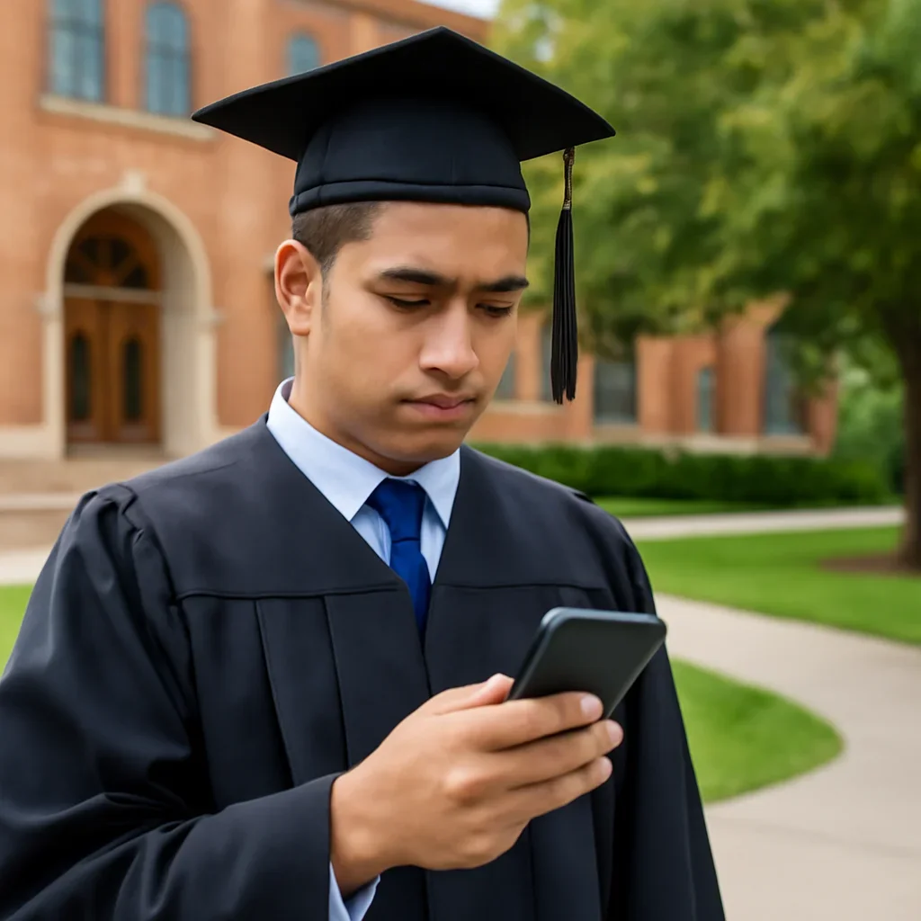Graduate looking at transport and housing costs on a phone outside a campus building