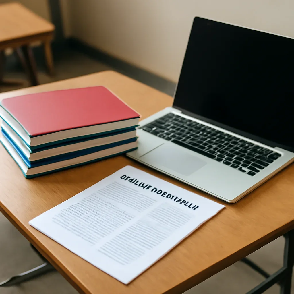 Classroom desk with notebooks, laptop and policy briefing papers