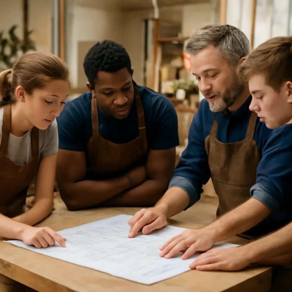 Apprentices in a workshop reviewing plans with a trainer