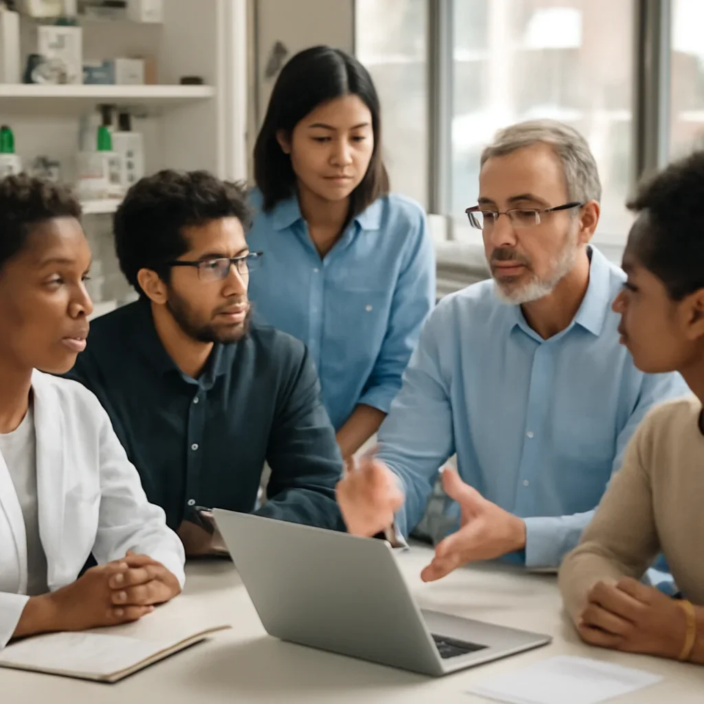 Research lab meeting with diverse students and tutors, photography