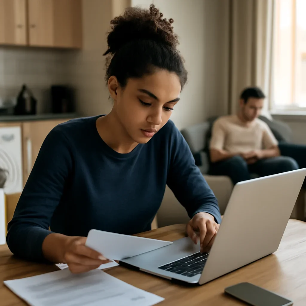 Student reviewing rent and course costs on a laptop in a shared flat
