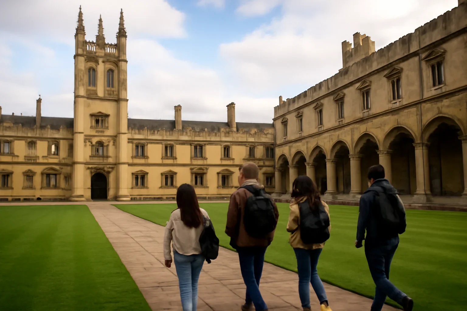Students walking across a historic university quad in the UK