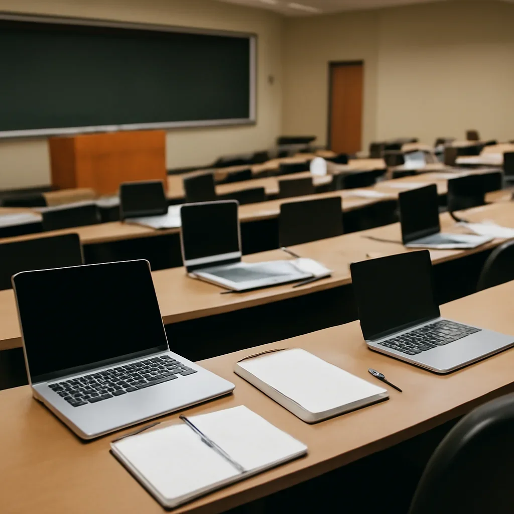 Lecture theatre before class with notebooks and laptops open
