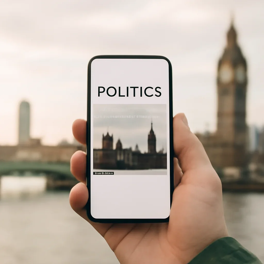 Reader checking a politics newsletter on a phone with a London skyline softly blurred behind