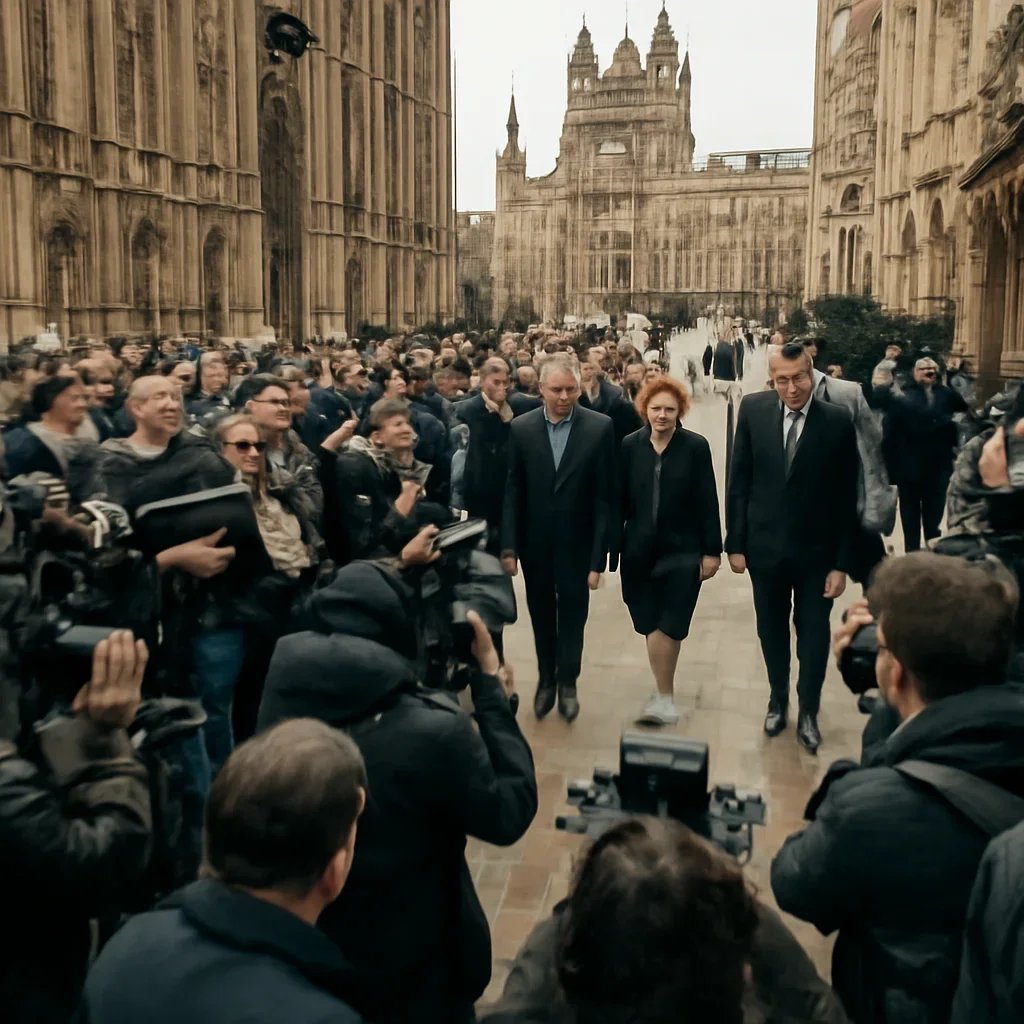 Crowd outside Westminster with camera crews and MPs arriving, energetic but neutral documentary photograph