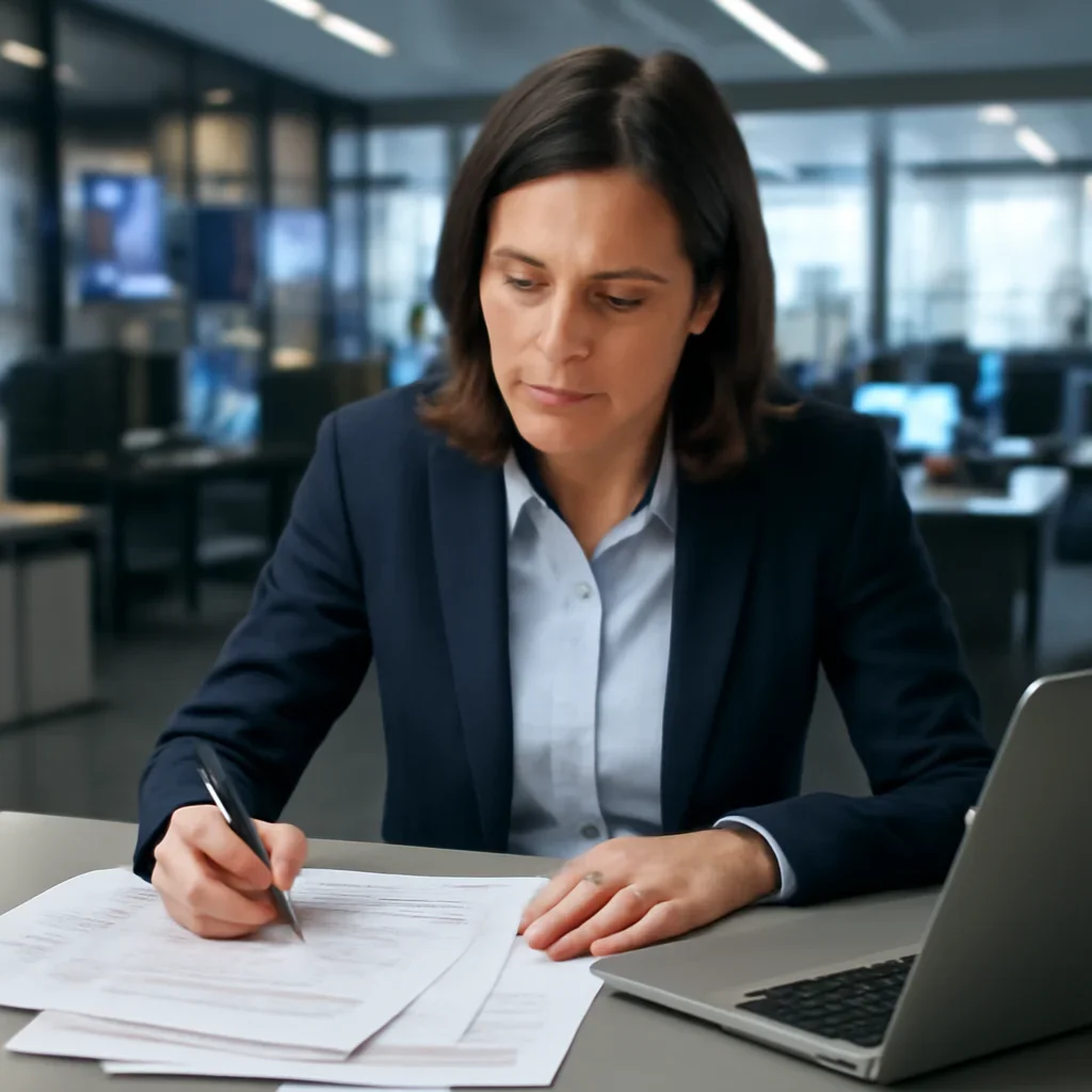 Political reporter reviewing annotated briefing papers beside a laptop in a modern newsroom