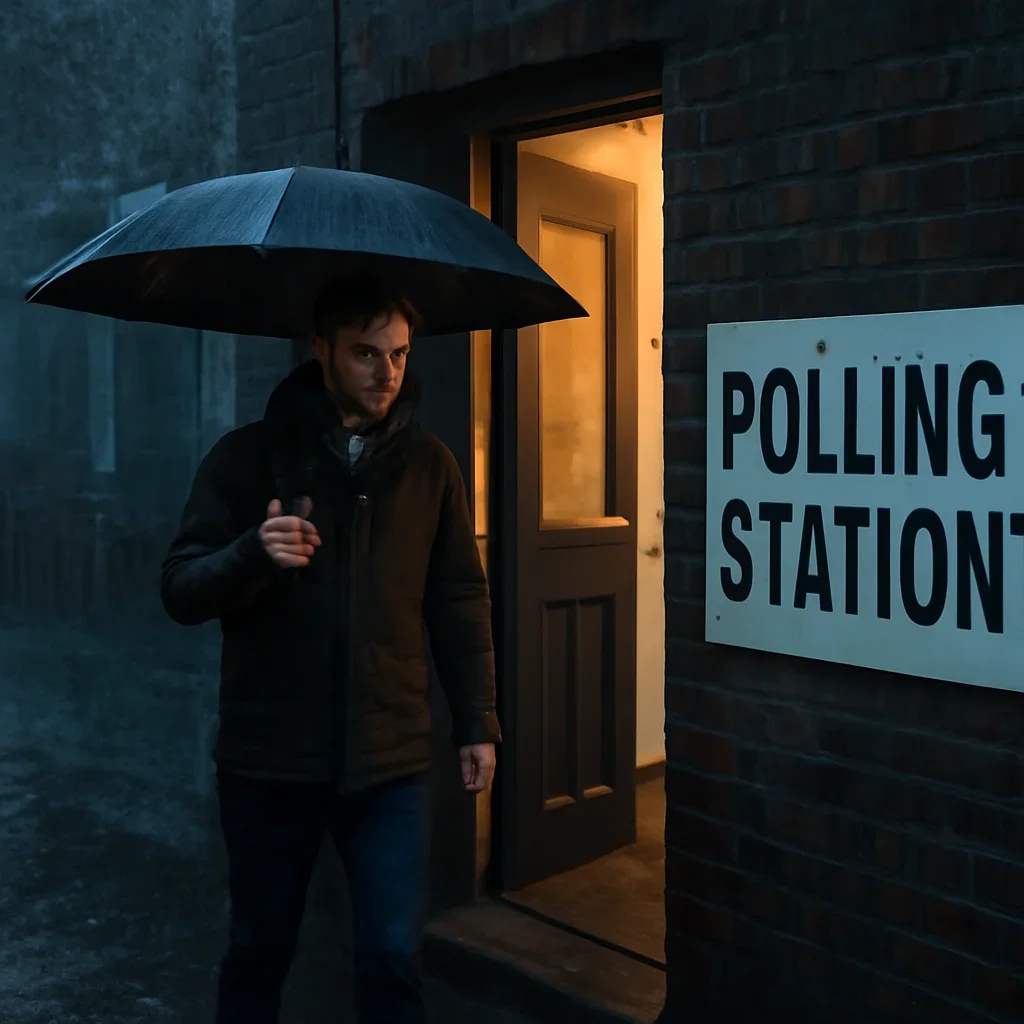 Voter leaving a polling station on a rainy British evening