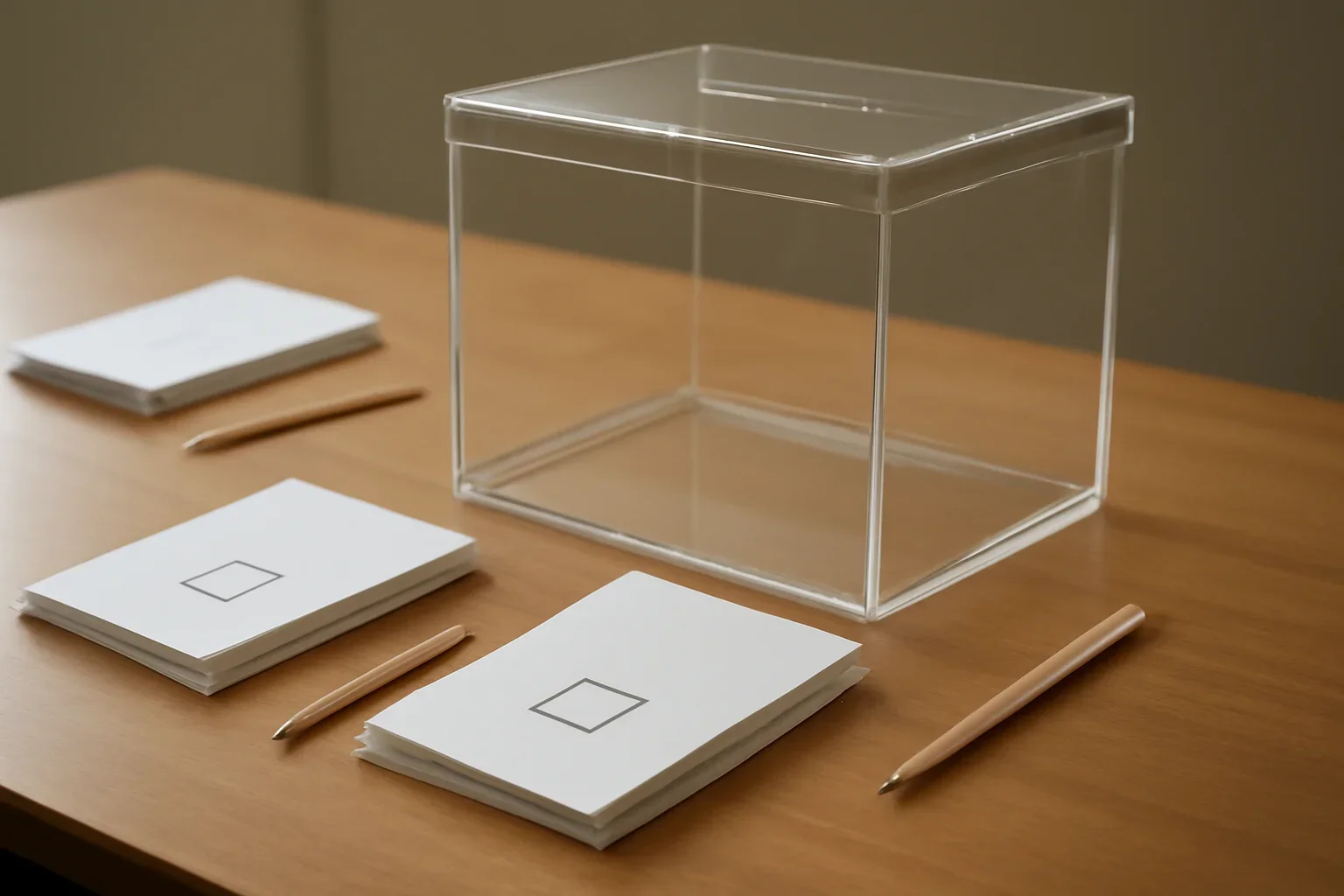 Ballot papers, pencils and a clear ballot box on an election count table