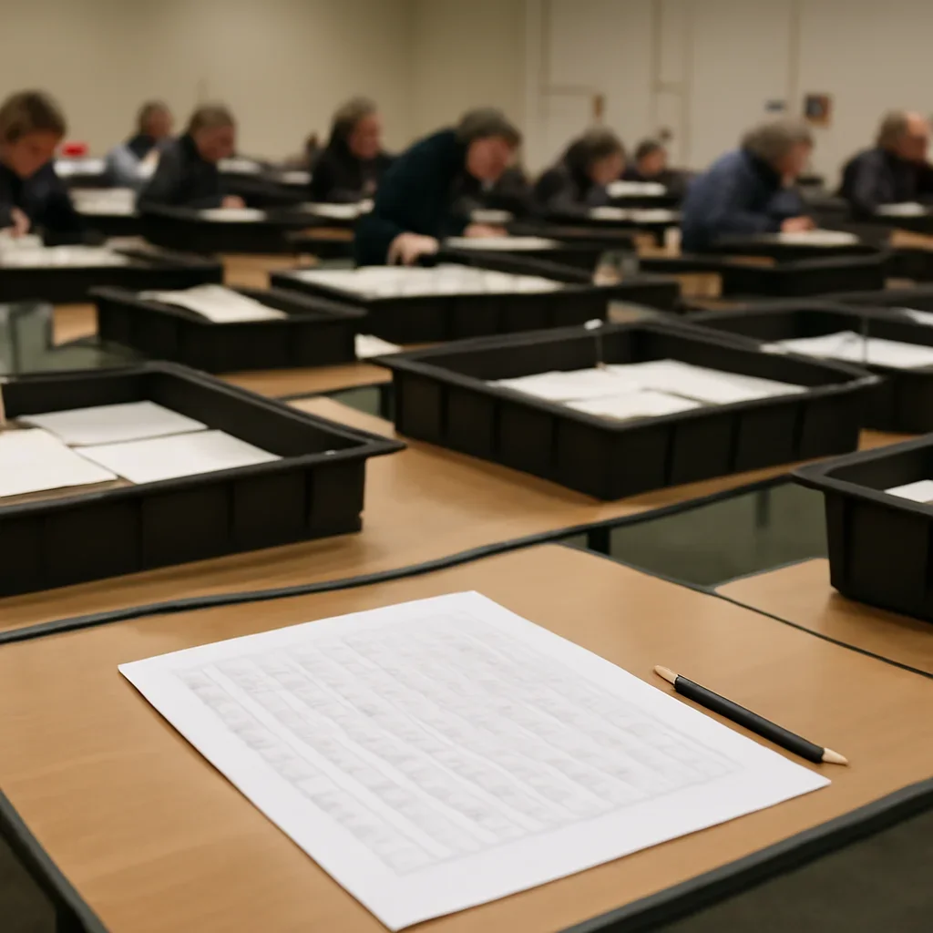 Counting hall with ballot trays and tally sheets, documentary style