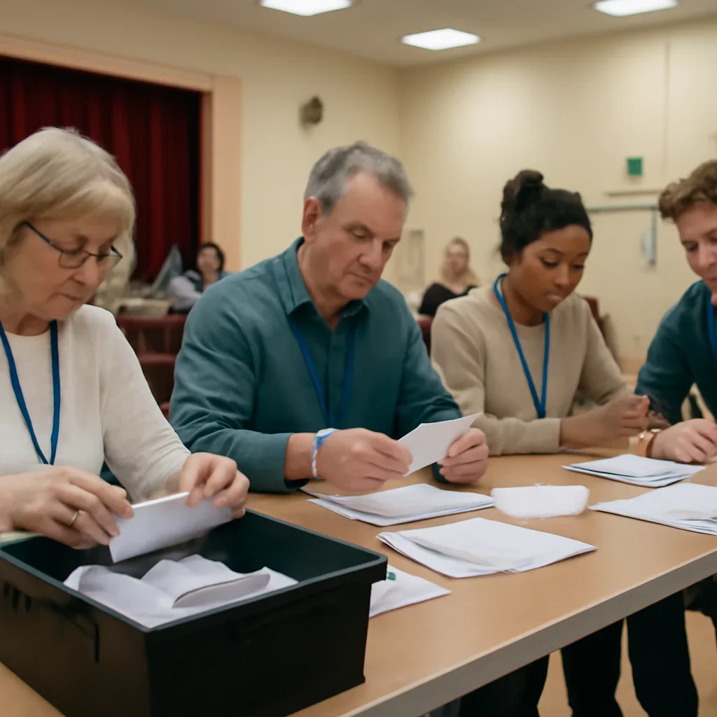 Volunteers counting votes in a community hall