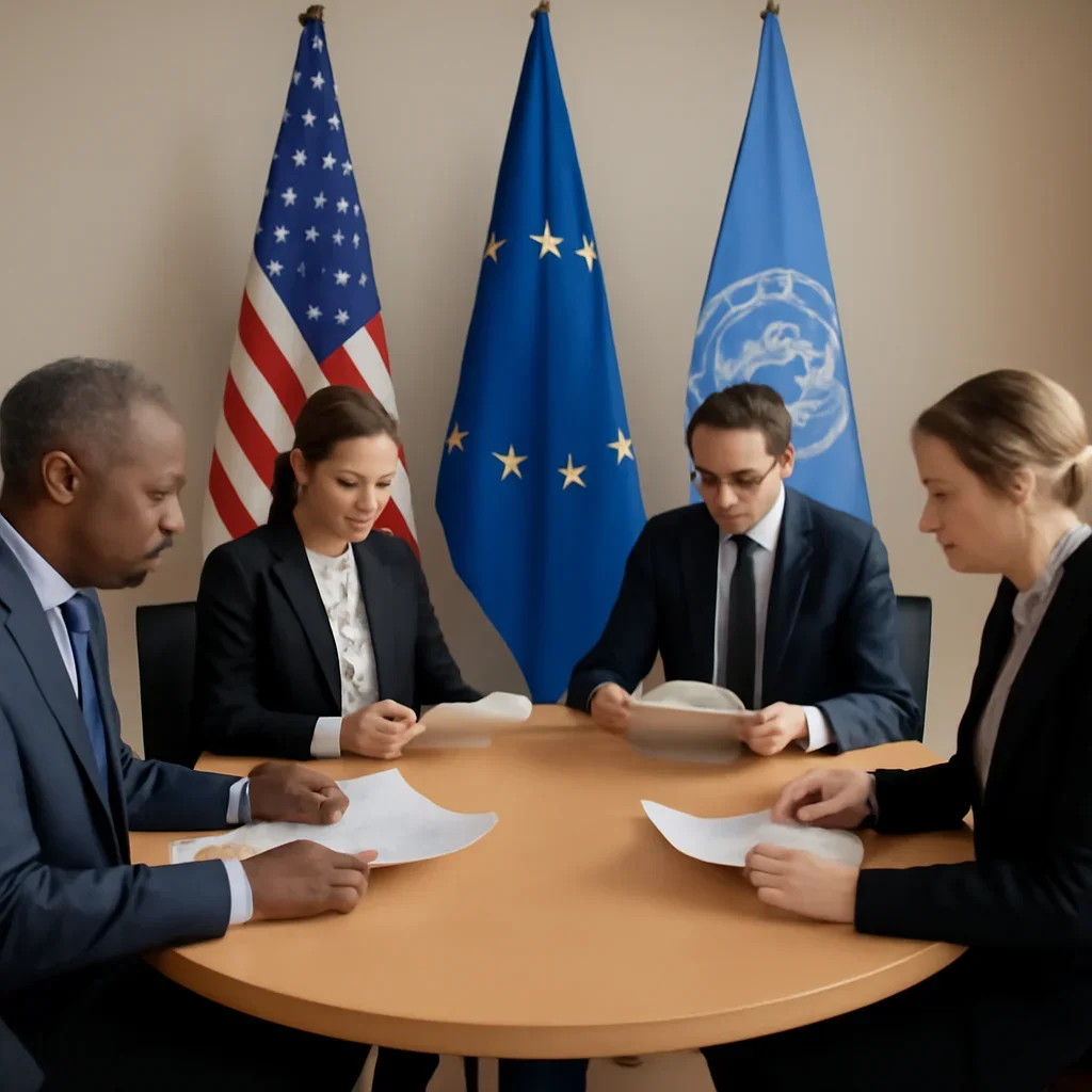 Diplomats reviewing briefing papers at a round table, neutral image