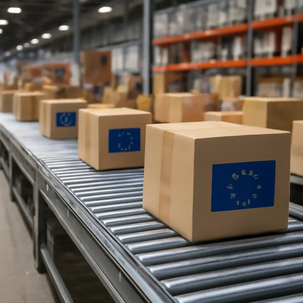 European goods moving through a warehouse conveyor line