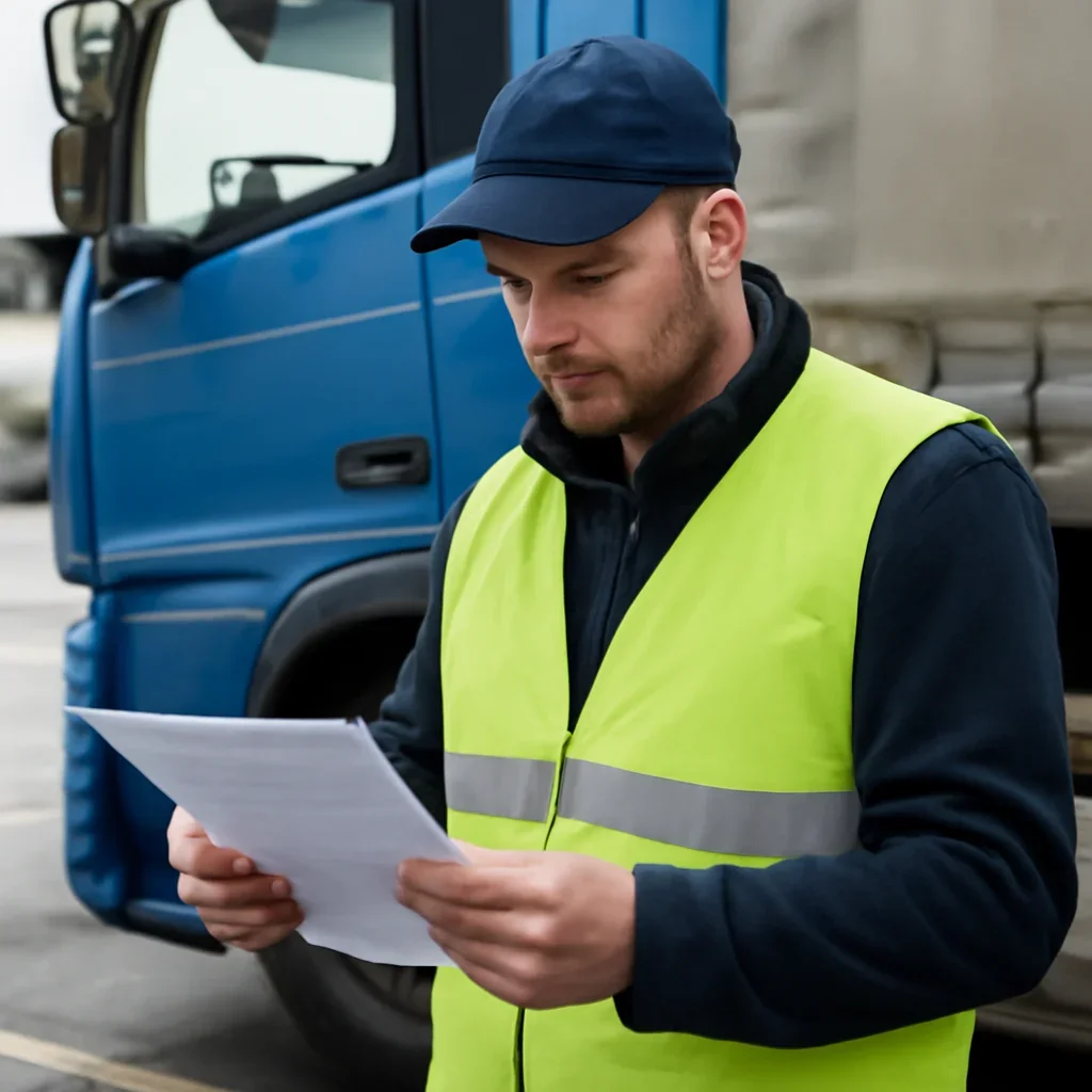 Lorry driver checking customs documents at a service stop