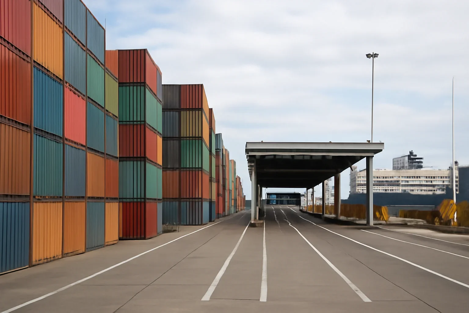 Cargo containers stacked at a ferry port with inspection lanes visible