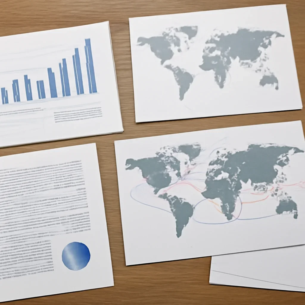 Trade briefing papers and freight route maps on an office table, image