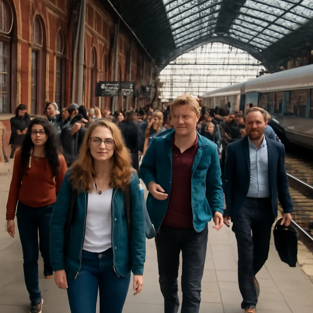 Students and commuters moving through a European rail station