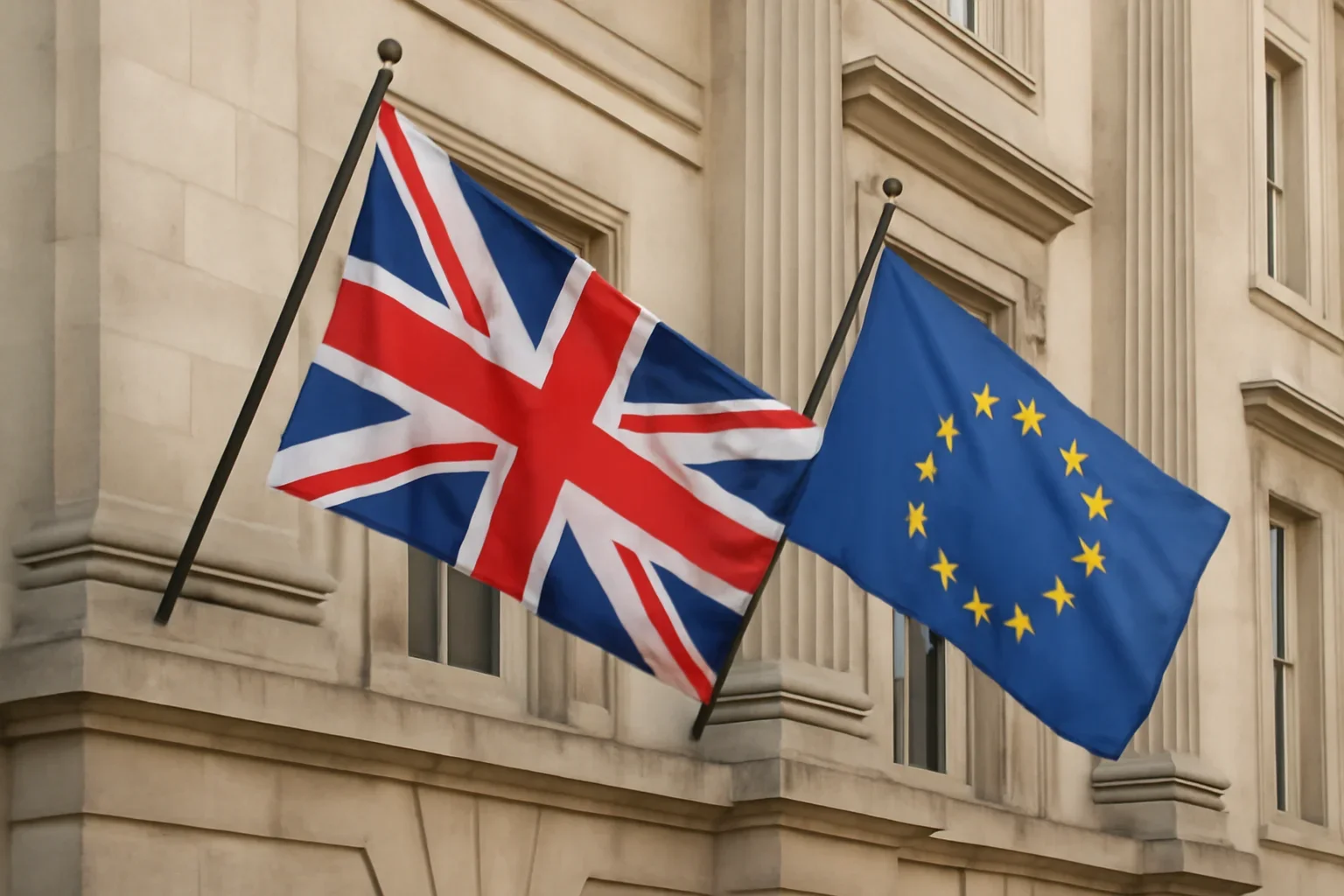 UK and EU flags outside a civic building in soft daylight