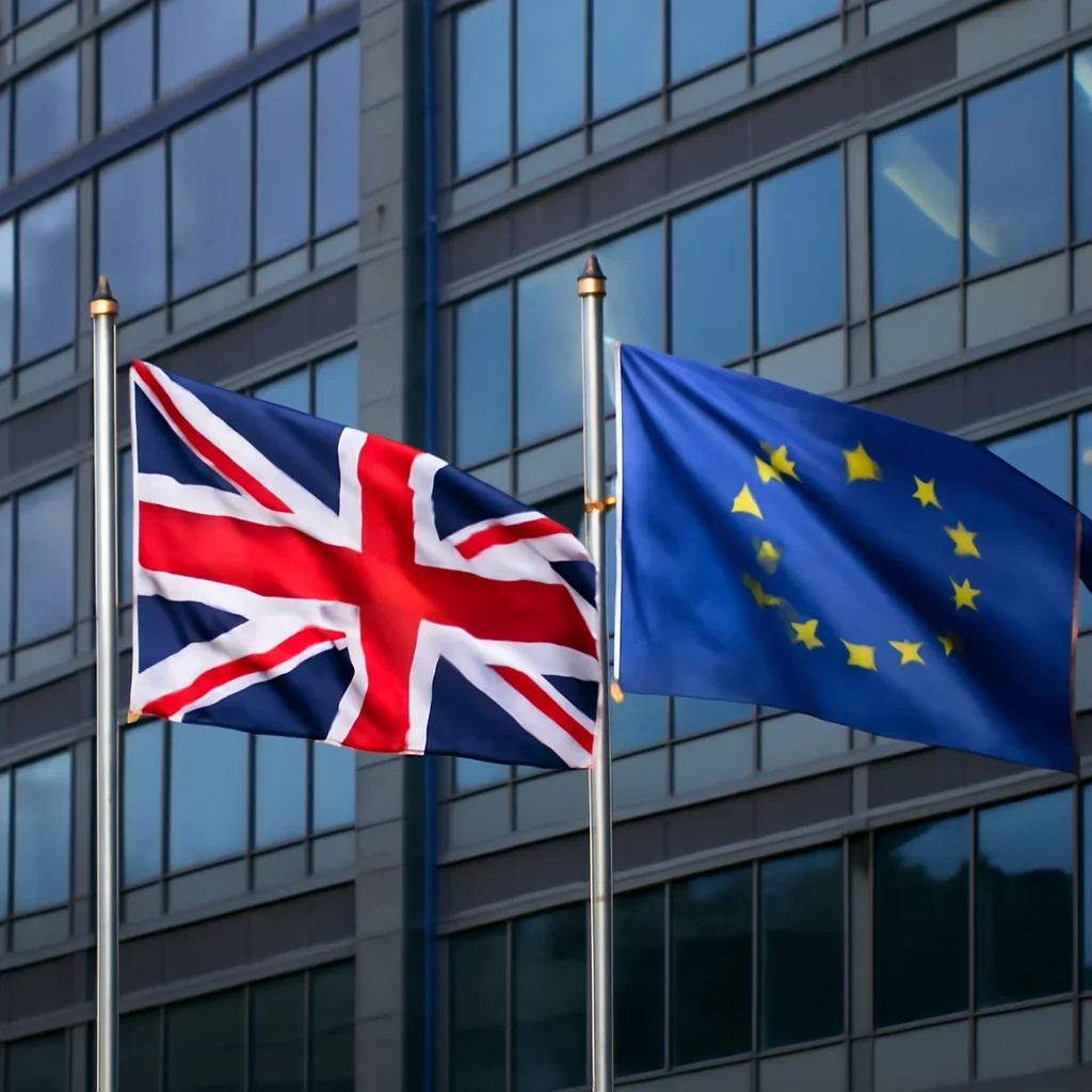 UK and EU flags beside a city office building