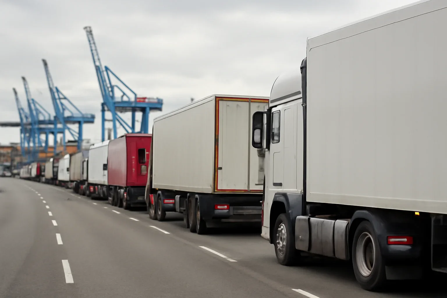 Freight vehicles queuing near a European port terminal