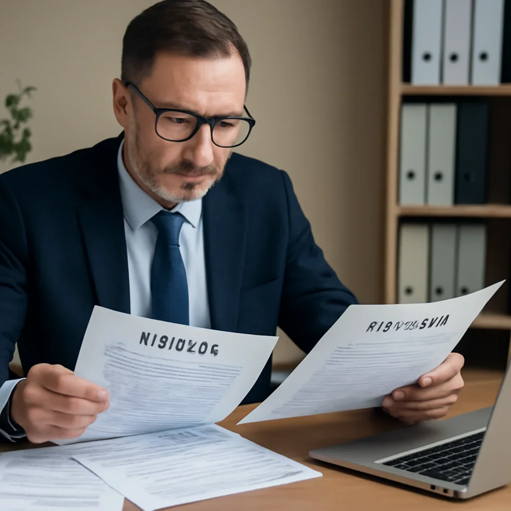 Business owner reviewing export paperwork and customs forms at a desk, image