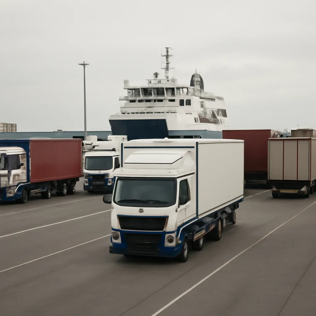 Freight lorries and containers at a ferry port, documentary style
