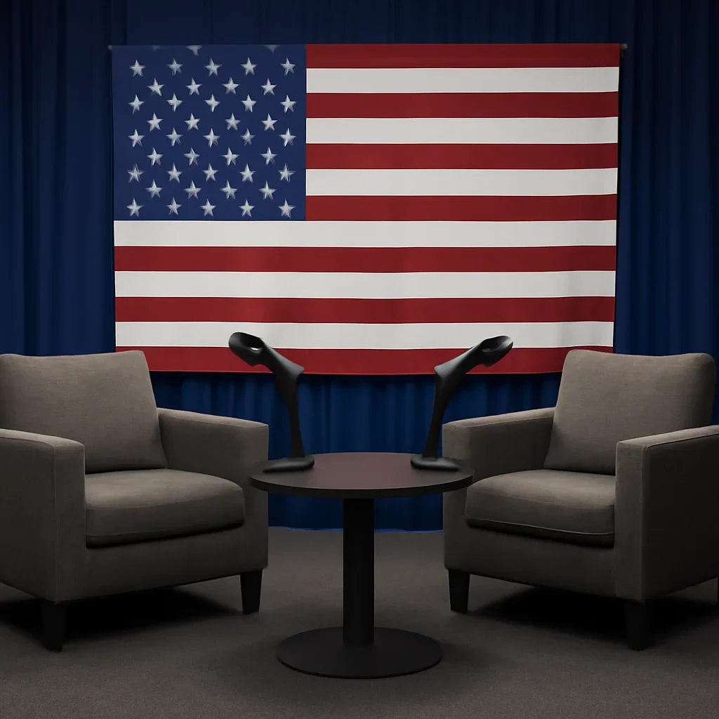 Podcast studio or event stage prepared for a political discussion