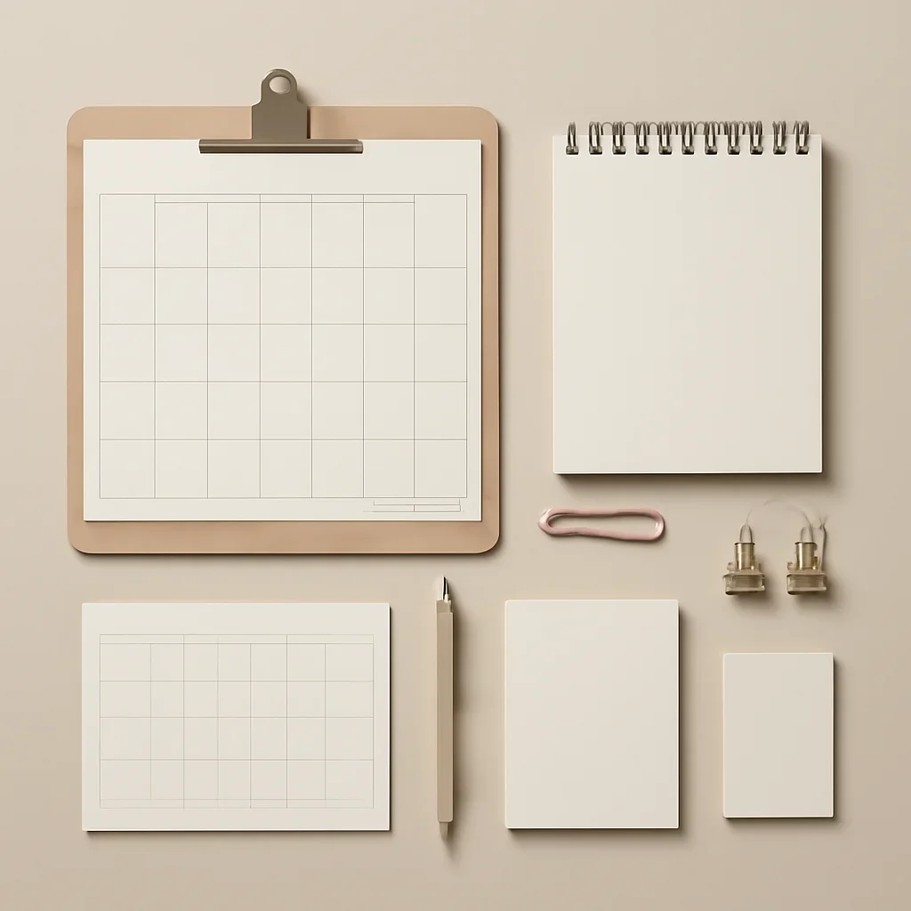 Branded content planning board with calendars and neutral stationery