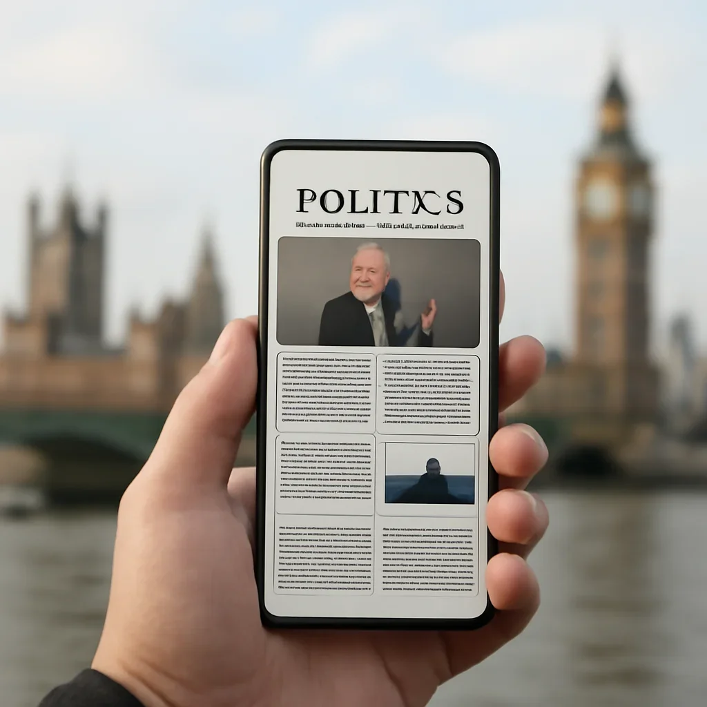 Reader checking a politics newsletter on a phone with a London skyline softly blurred behind