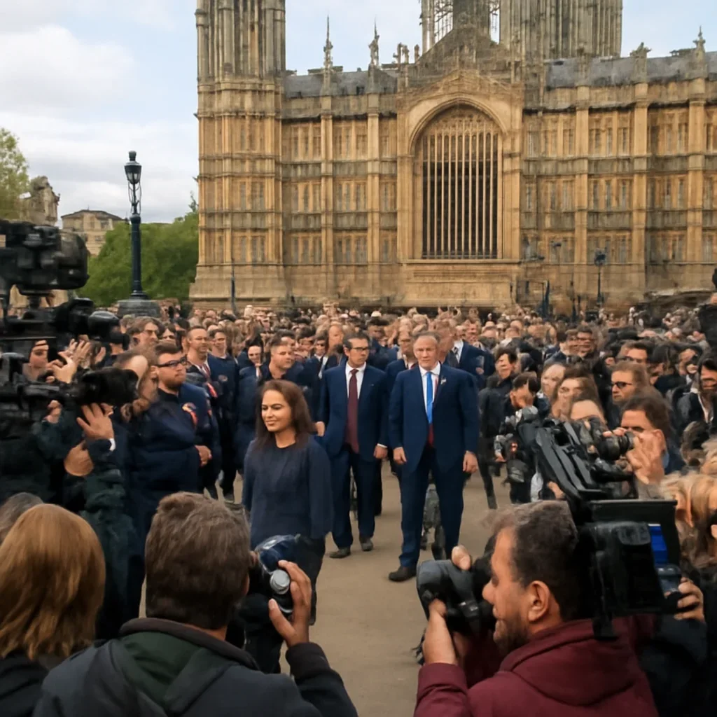 Crowd outside Westminster with camera crews and MPs arriving, energetic but neutral documentary photograph