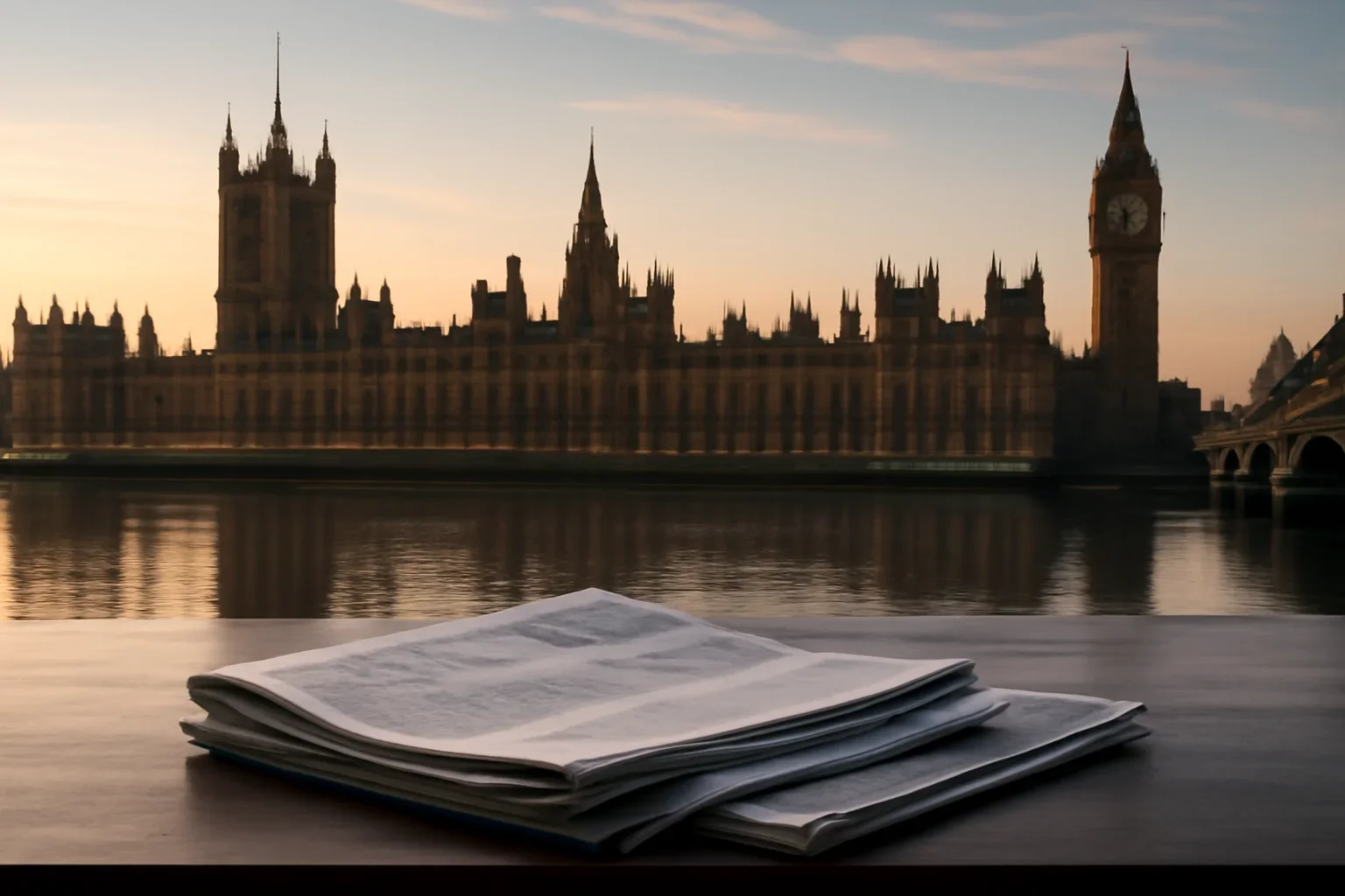 The Palace of Westminster at first light with newspapers on a desk in the foreground