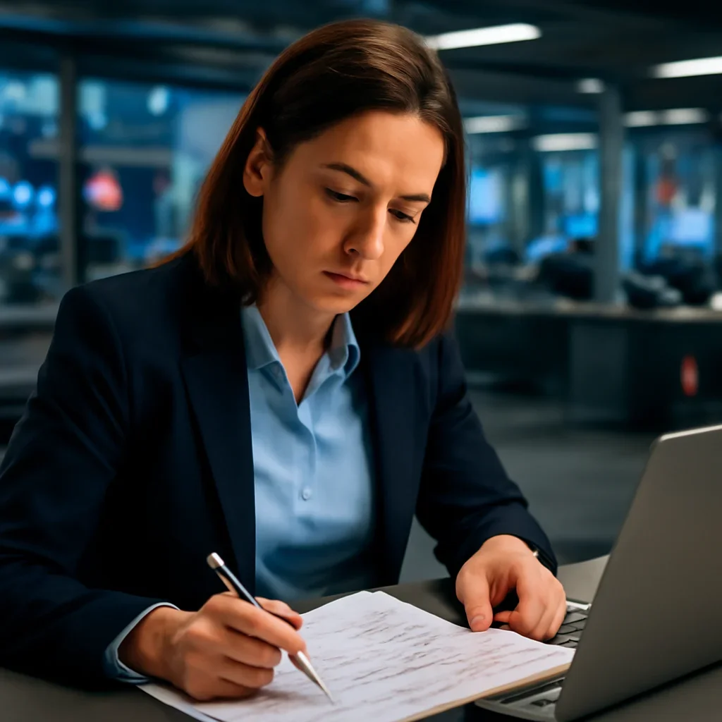 Political reporter reviewing annotated briefing papers beside a laptop in a modern newsroom