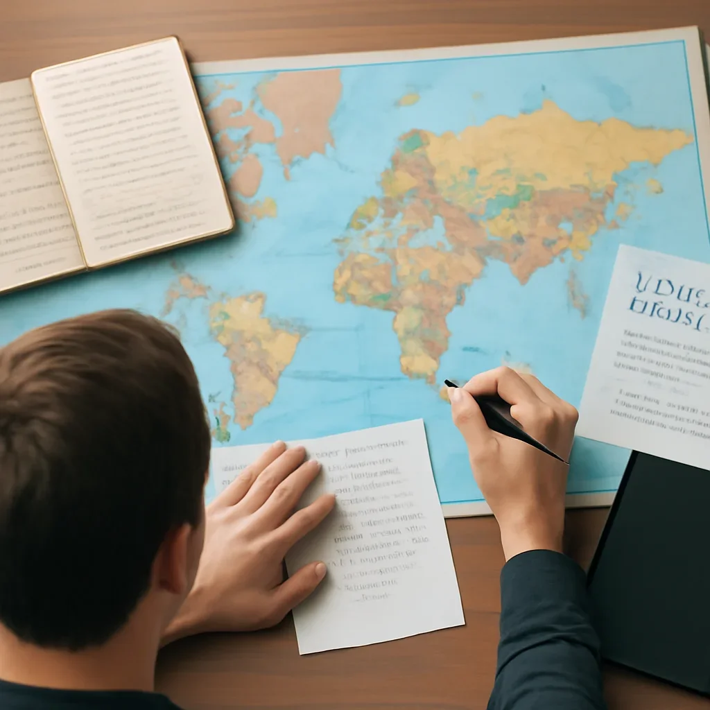 Reader studying a world map and foreign policy notes on a desk, style
