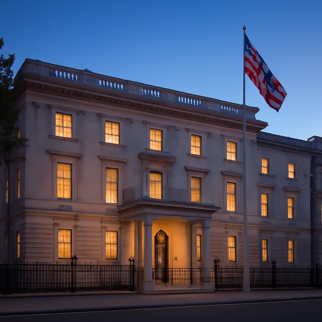 UK embassy or diplomatic building exterior at dusk
