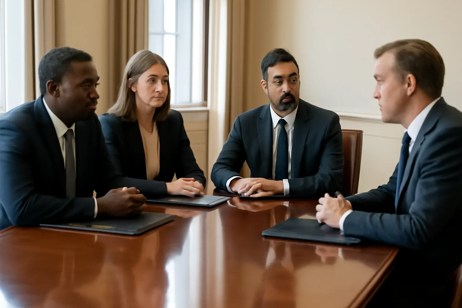 Diplomats meeting around a polished conference table with briefing folders