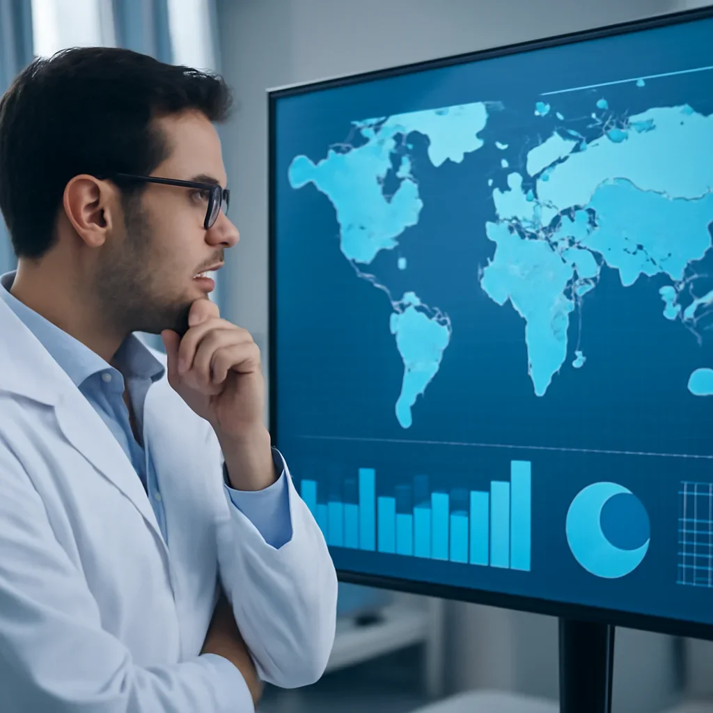 Researcher reviewing global development data on a screen