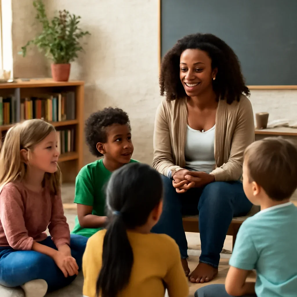 Teacher and children in a community learning space, respectful realistic photograph