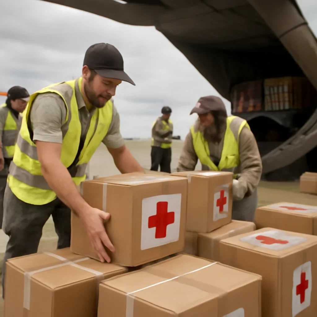 Humanitarian aid boxes being unloaded at an airport or port