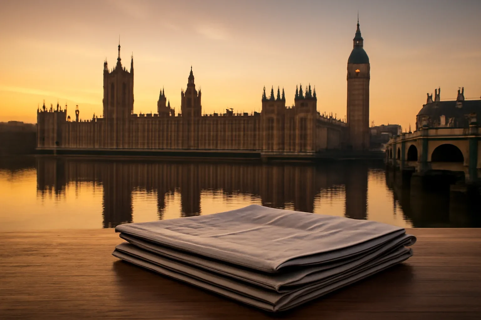 The Palace of Westminster at first light with newspapers on a desk in the foreground