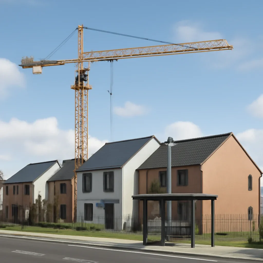Construction crane above new homes near a transport stop