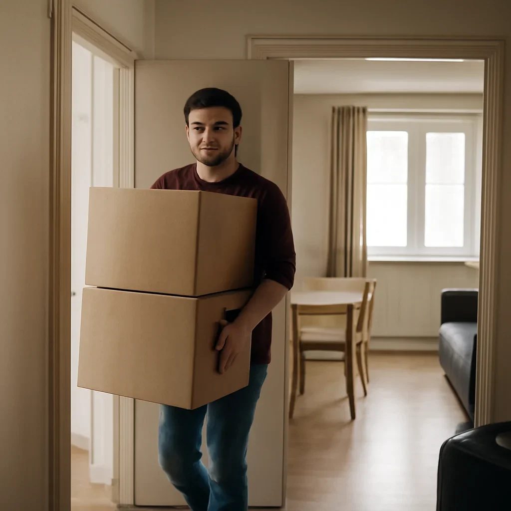 Renter carrying boxes into a modest flat