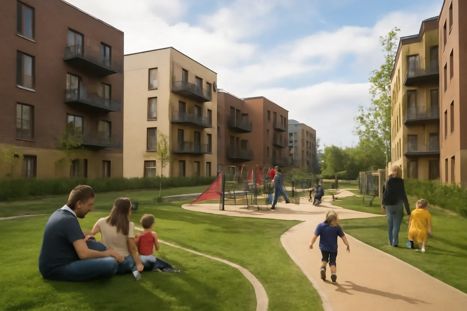 Mixed-income housing development with family-friendly public space