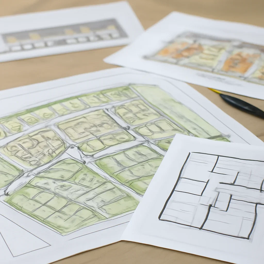 Housing association plans and site maps on a desk, image
