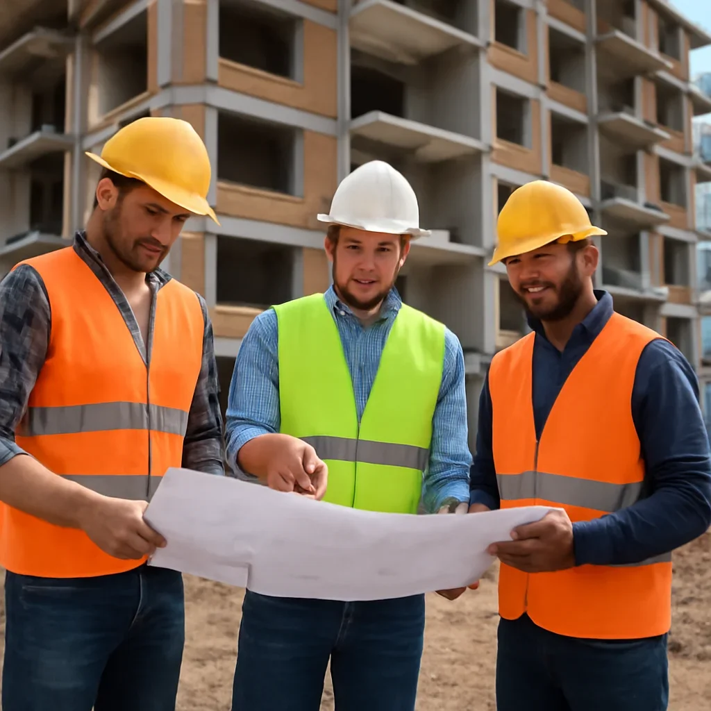 Construction workers reviewing plans near a half-built housing block