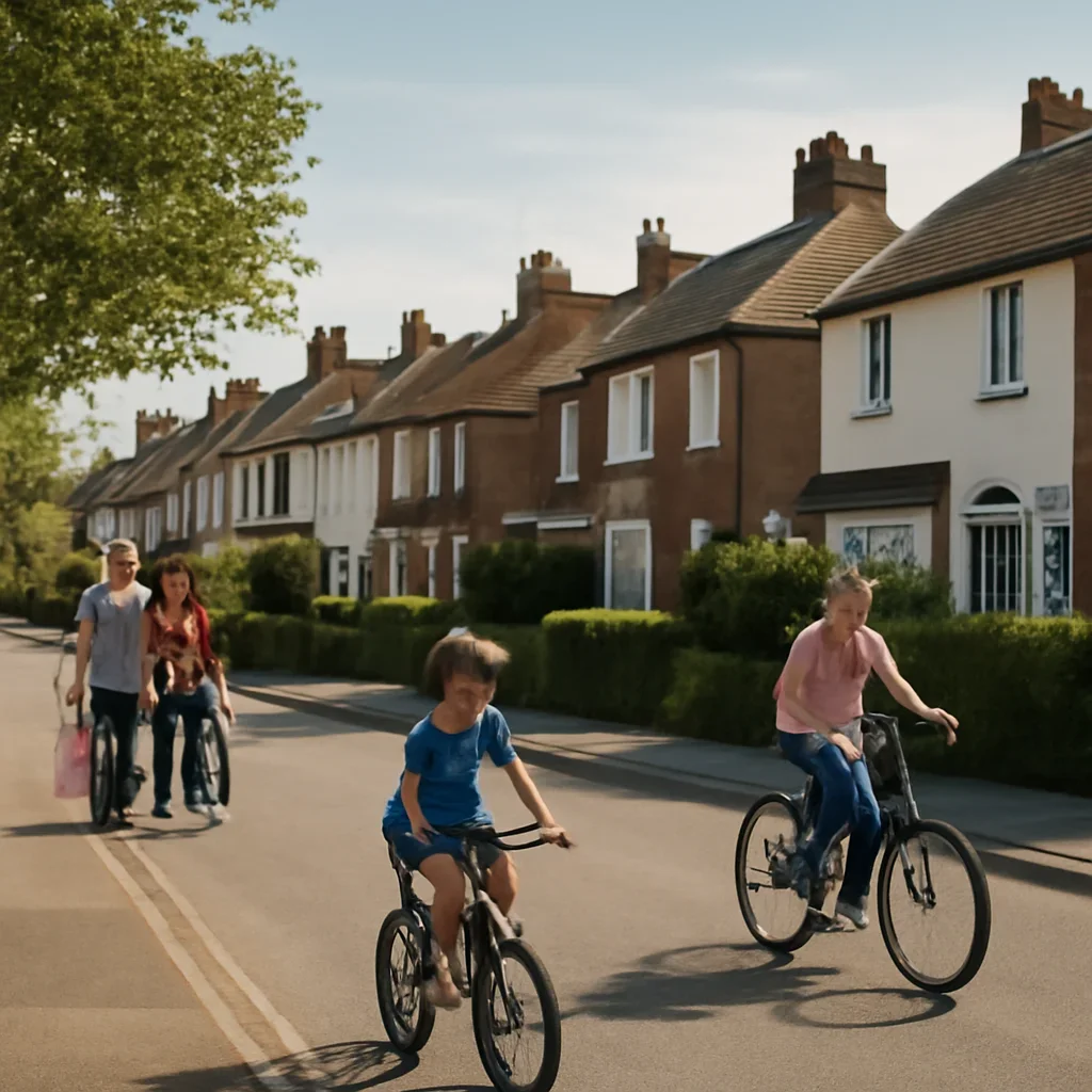 Street of mixed-tenure homes with families and cyclists, calm neighbourhood scene