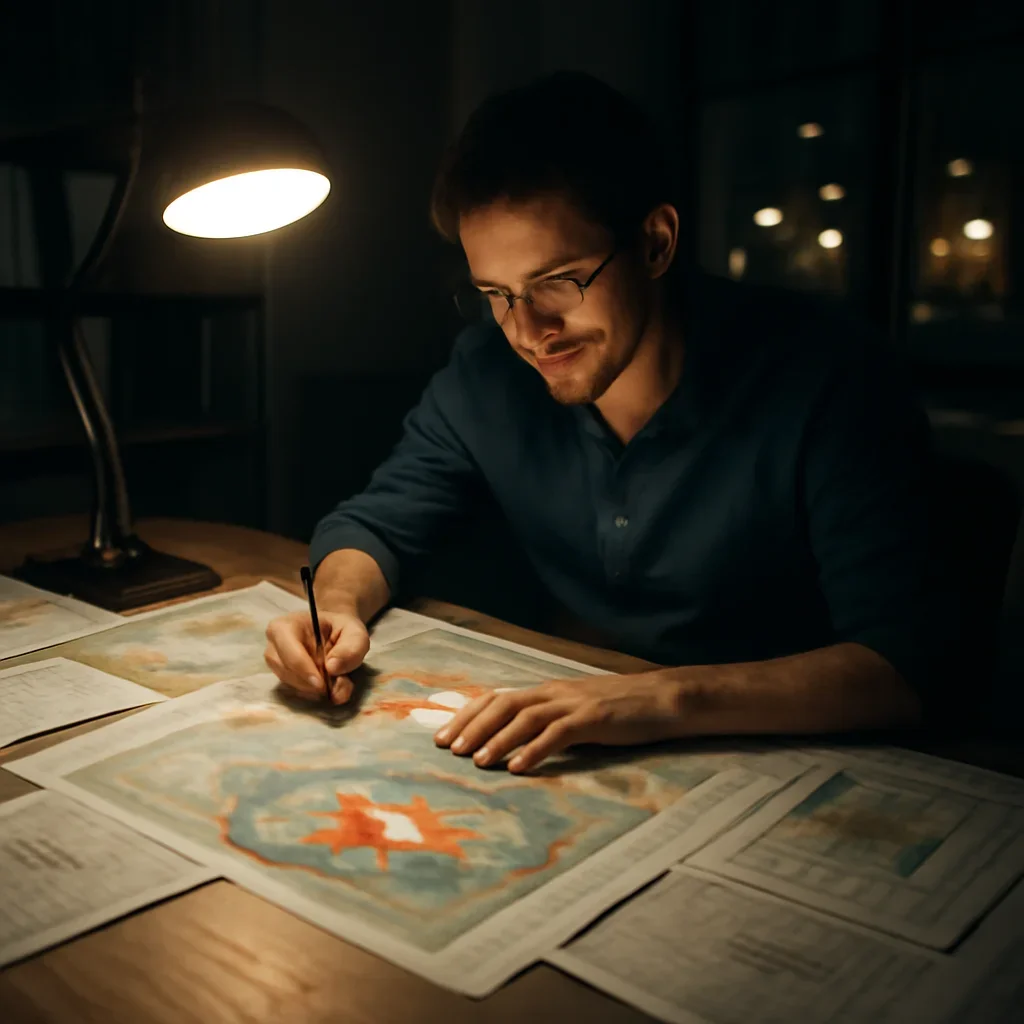 Town planner working late with zoning maps and notes