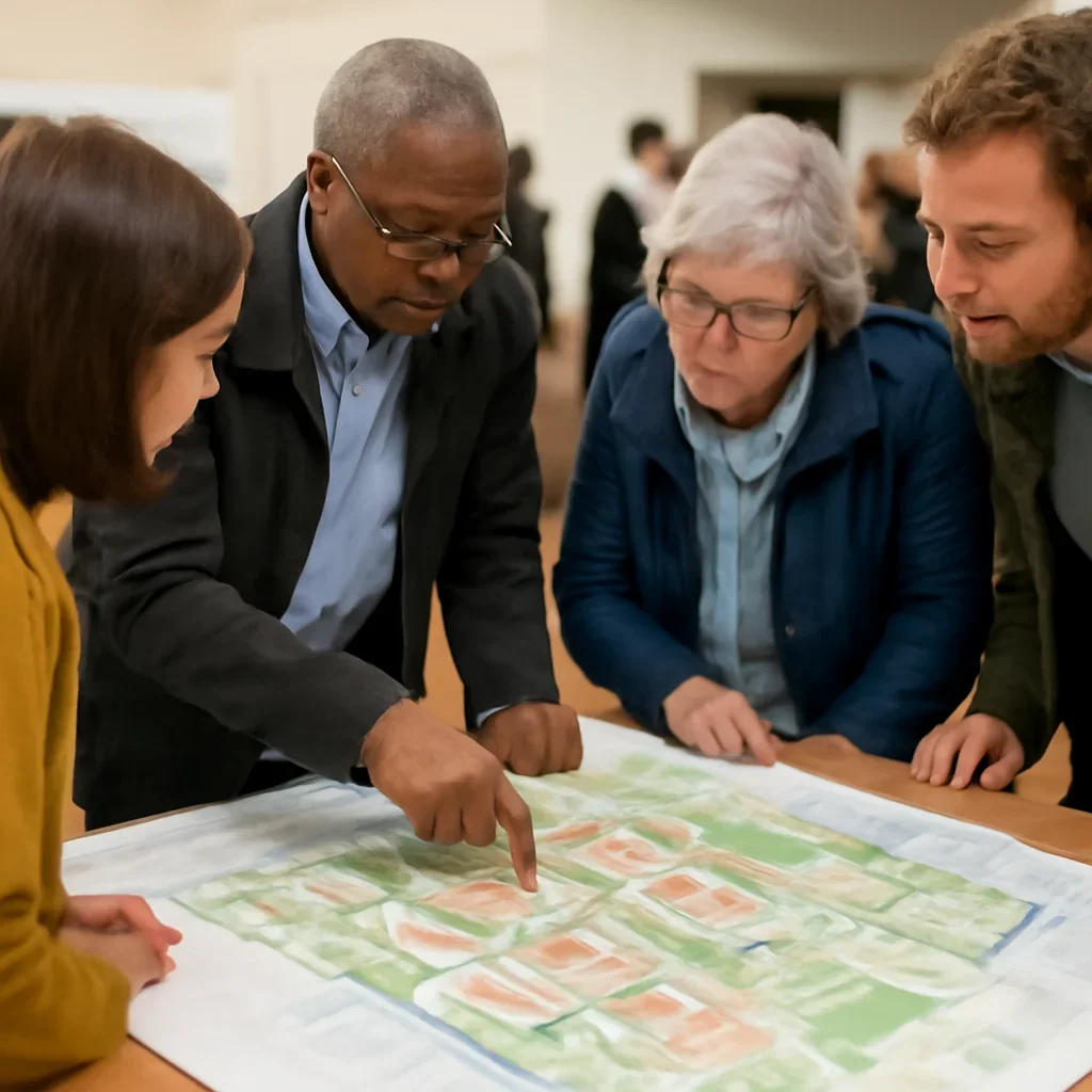 Residents examining a neighbourhood development map at a consultation event