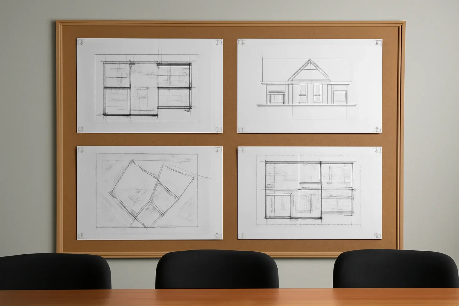 Planning application drawings pinned on a meeting room board