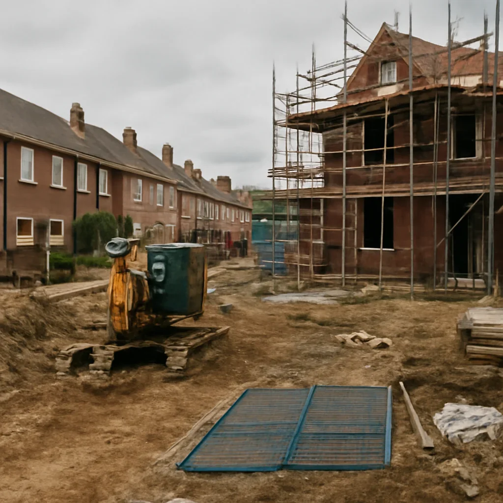 Construction site beside established homes in England, documentary style