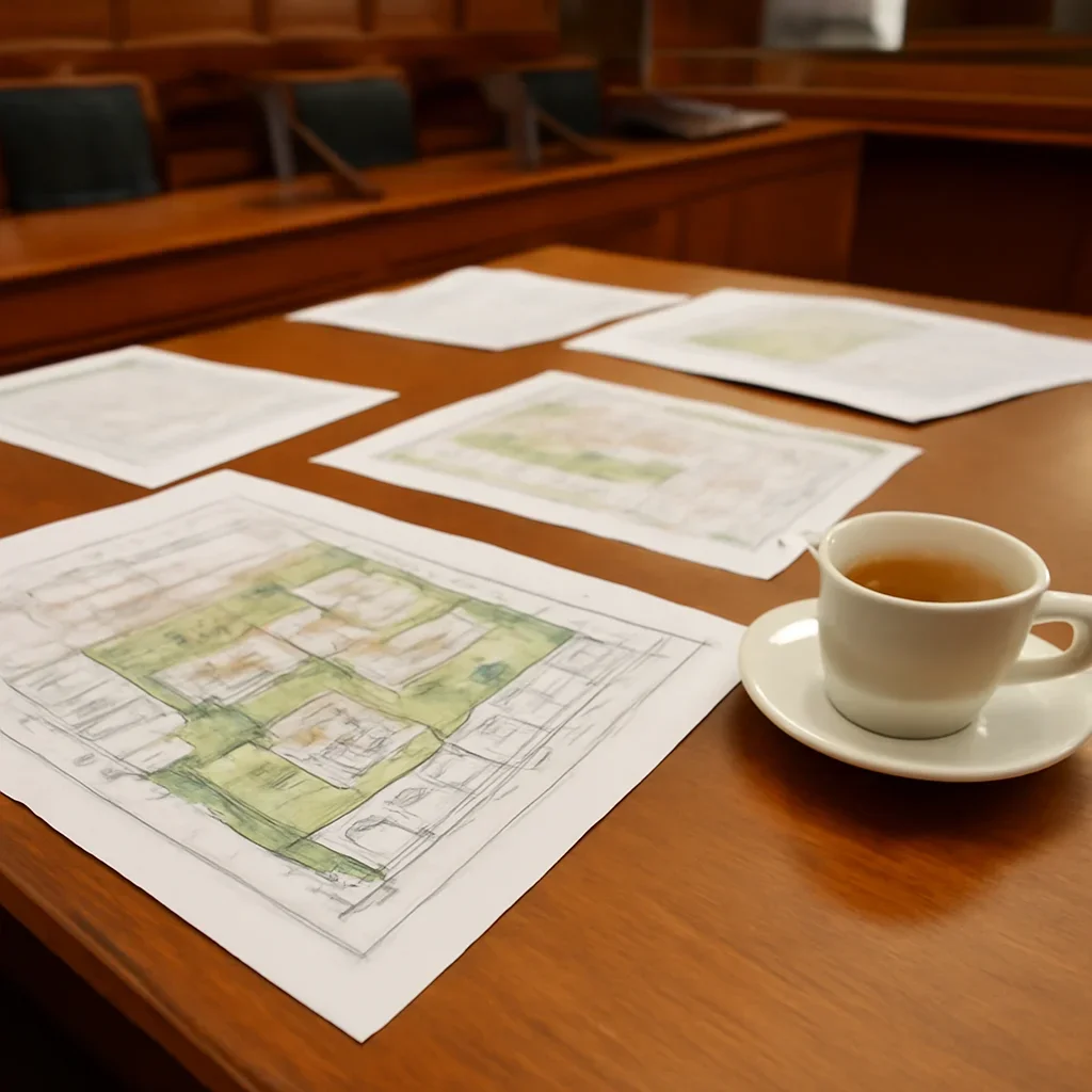 Planning committee documents, site maps and a cup of tea on a council chamber desk